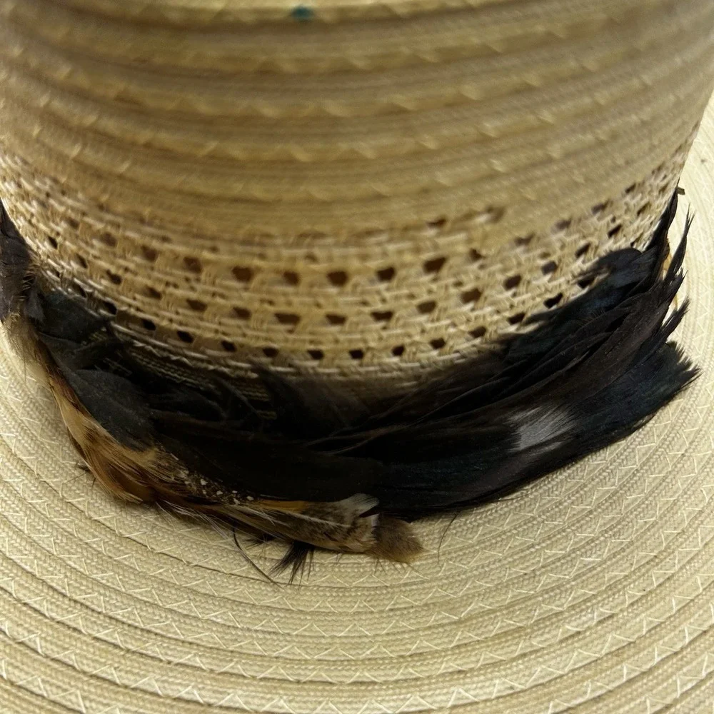 Straw Cowboy Hat Laredo Texas Western Beige Feather Hat Band Mens Womens 6 7/8